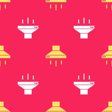 Sarı Mutfak sökücü fan simgesi kırmızı arkaplanda izole edilmiş pürüzsüz desen. Mutfak kaputu. Mutfak egzozu. Ev aletleri. Vektör