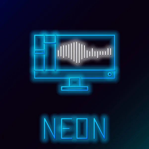 Gloeiende Neon Lijn Geluids Audio Recorder Editor Software Computer Monitor — Stockvector