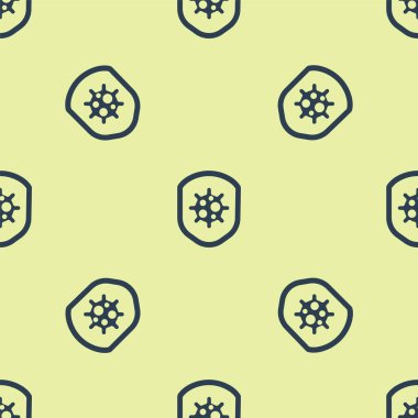 Mavi Kalkan virüslerden, mikroplardan ve bakteri ikonlarından korunuyor. Sarı arka planda pürüzsüz desenler var. Bağışıklık sistemi konsepti. Corona virüsü 2019-nCoV. Vektör