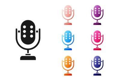 Beyaz arkaplanda siyah mikrofon simgesi izole edildi. Radyodaki mikrofondan. Sözcü işareti. Simgeleri renklendirin. Vektör