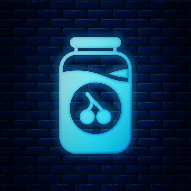 Parlayan neon kiraz reçel kavanozu simgesi tuğla duvar arkasında izole edilmiş. Vektör