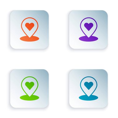 Beyaz arkaplanda kalp simgesi izole edilmiş renk haritası işaretçisi. Sevgililer Günü. Aşk yeri. Romantik harita iğnesi. Kare düğmelere renkli simgeleri yerleştir. Vektör