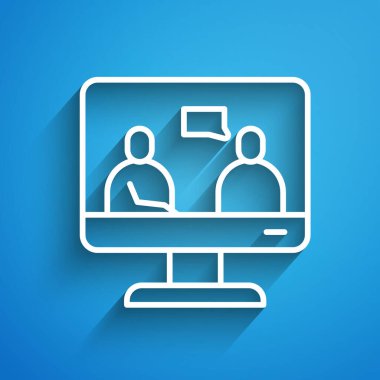 Beyaz çizgi Çevrimiçi Eğitim ve mezuniyet ikonu mavi arka planda izole edildi. İnternetteki öğretmen monitörde. Giyinme ve video semineri öğrenme. Uzun gölge. Vektör İllüstrasyonu