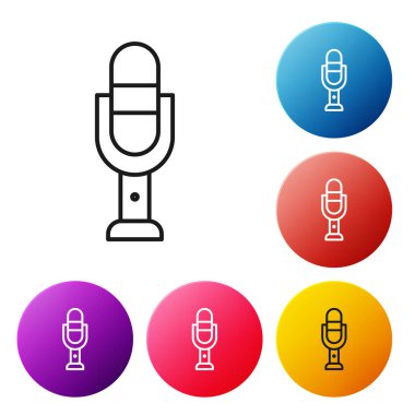 Siyah çizgi mikrofon simgesi beyaz arkaplanda izole edildi. Radyodaki mikrofondan. Sözcü işareti. Renkli daire düğmelerini ayarlayın. Vektör İllüstrasyonu