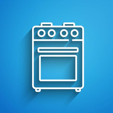 Beyaz çizgi fırın simgesi mavi arkaplanda izole edildi. Fırın tabelası. Uzun gölge. Vektör