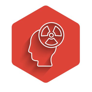 İnsan kafasının beyaz çizgisi silueti ve uzun gölgeli bir radyasyon sembolü. Kırmızı altıgen düğmesi. Vektör