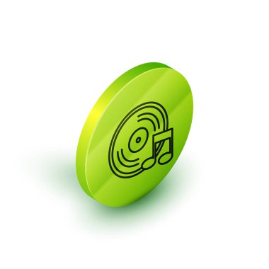 Beyaz arkaplanda izole edilmiş Isometric çizgi Vinil disk simgesi. Yeşil daire düğmesi. Vektör