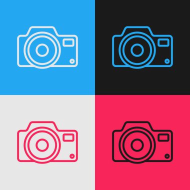 Pop sanat çizgisi fotoğraf makinesi ikonu renk arkaplanında izole edildi. Fotoğraf makinesi simgesi. Vektör