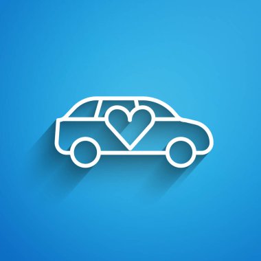 Beyaz çizgili lüks limuzin araba ikonu mavi arka planda izole edilmiş. Dünya prömiyeri ünlüleri ve konuk posterleri için. Uzun gölge. Vektör