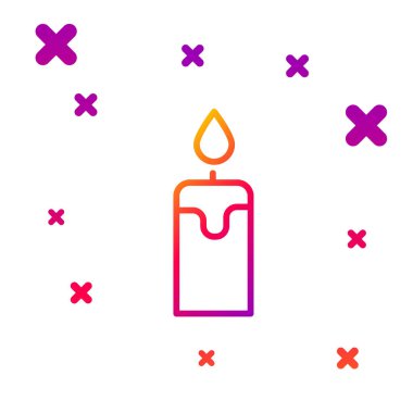 Renk çizgisi yanan mum simgesi beyaz arkaplanda izole edildi. Silindirik mum çubuğu ve yanan ateş. Kademeli rastgele dinamik şekiller. Vektör