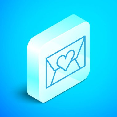Sevgililer Günü kalp ikonlu Isometric hattı mavi arka planda izole edilmiş. Mesaj aşkım. Aşk ve romantizm mektubu. Gümüş kare düğme. Vektör