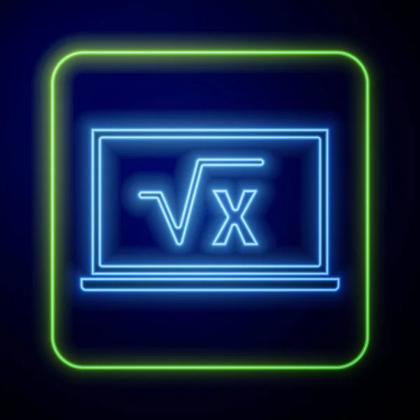 Glowing Neon Square Root Glyph Chalkboard Icon Isolated Blue Background — Stock Vector