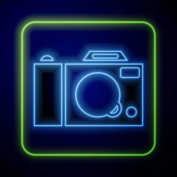 发光的霓虹灯照像机图标隔离在蓝色背景 Foto相机图标 — 图库矢量图片
