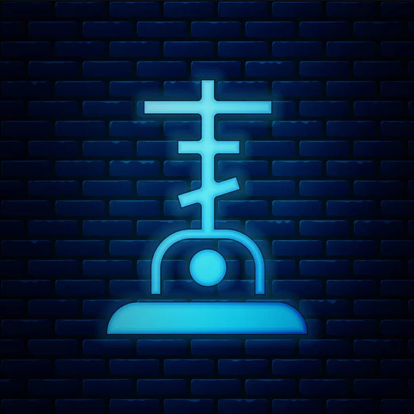 Leuchtende Neon Grab Mit Kreuz Symbol Isoliert Auf Backsteinwand Hintergrund — Stockvektor