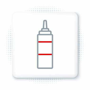 Çizgi sos şişesi simgesi beyaz arkaplanda izole edilmiş. Ketçap, hardal ve fast food için soslu mayonez şişeleri. Renkli taslak konsepti. Vektör