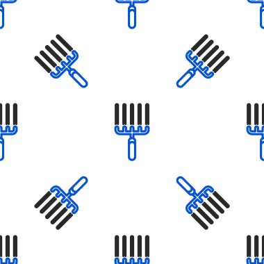 İş simgesindeki Çizgi Bahçesi tırmığı beyaz arka planda izole edilmiş pürüzsüz desen. Bahçecilik, tarım, çiftçilik aleti. Toprak işçisi. Renkli taslak konsepti. Vektör