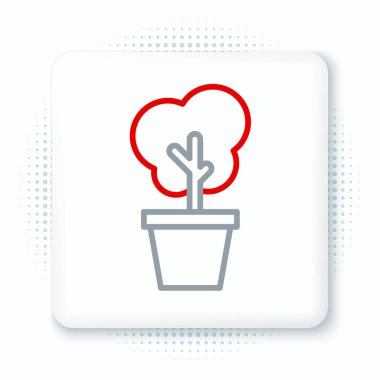 Çömlek simgesindeki çizgi ağacı beyaz arkaplanda izole edilmiş. Saksıda saksı bitkisi. Ev ve iç mekan için doğal dekor. Saksı bitkisi işareti. Renkli taslak konsepti. Vektör