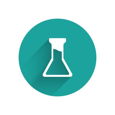 Beyaz test tüpü ve uzun gölgeli matara ikonu. Kimyasal laboratuvar testi. Laboratuvar camları. Yeşil daire düğmesi. Vektör