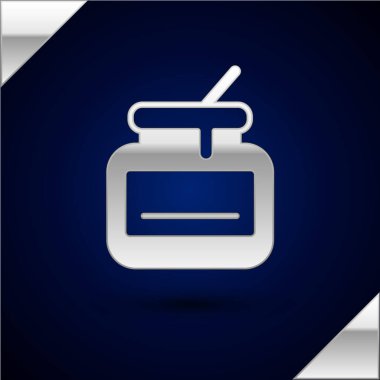 Koyu mavi arka planda izole edilmiş gümüş kavanoz bal ikonu. Yiyecek bankası. Tatlı doğal gıda sembolü. Vektör