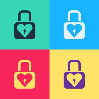 Pop sanat kilidi ve kalp ikonu renk arkaplanında izole edilmiş. Kilitli Kalp. Aşk sembolü ve anahtar deliği işareti. Sevgililer Günü sembolü. Vektör