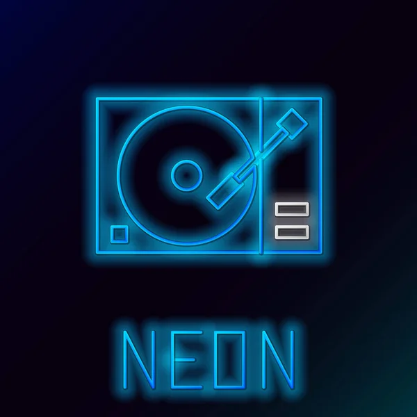 Glödande Neon Line Vinylspelare Med Vinyldisksikon Isolerad Svart Bakgrund Färgstarkt — Stock vektor