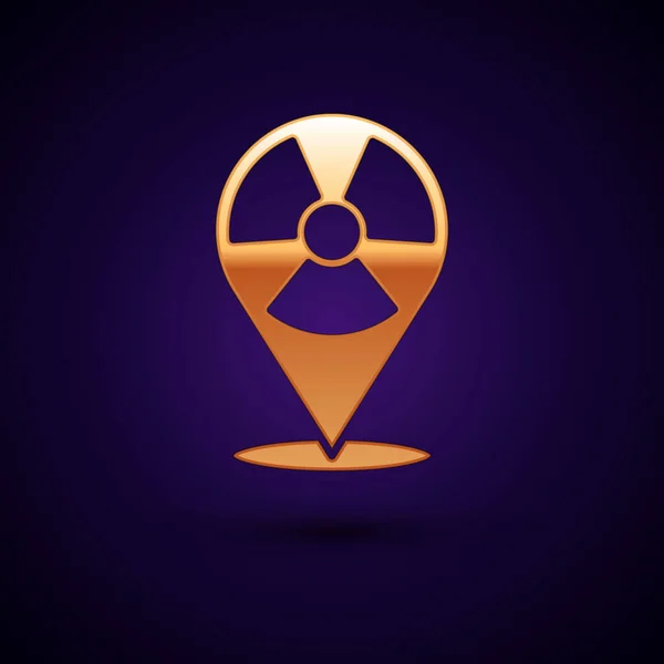 黒の背景に隔離された場所のアイコンにゴールド放射性物質 放射性毒性記号 放射線危険標識 ベクトル — ストックベクタ