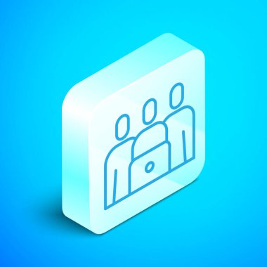 Isometric line Online sınıf simgesi mavi arkaplanda izole edildi. Çevrimiçi eğitim kavramı. Gümüş kare düğme. Vektör İllüstrasyonu