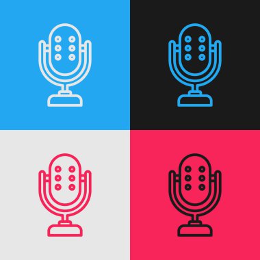 Pop sanat çizgisi mikrofon simgesi renk arkaplanında izole edildi. Radyodaki mikrofondan. Sözcü işareti. Vektör