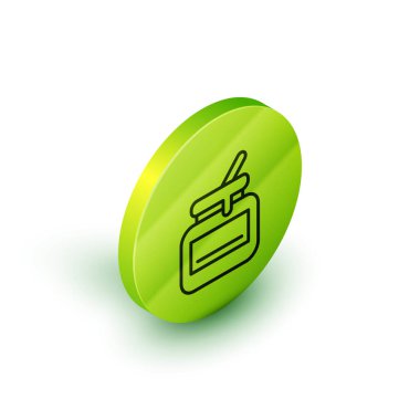 Beyaz arkaplanda izole edilmiş bal kavanozu. Yiyecek bankası. Tatlı doğal gıda sembolü. Yeşil daire düğmesi. Vektör