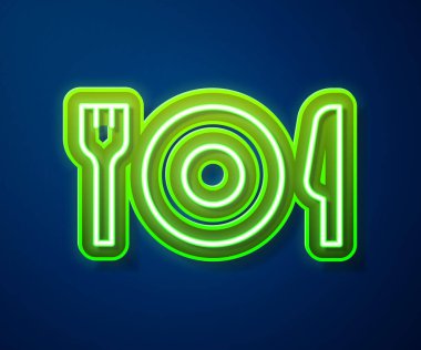 Parlak neon hat plaka, çatal ve bıçak ikonu mavi arka planda izole edilmiş. Çatal bıçak sembolü. Restoran tabelası. Vektör