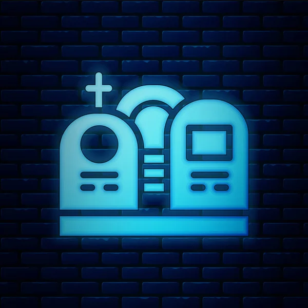 Gloeiende Neon Graf Met Grafsteen Pictogram Geïsoleerd Baksteen Muur Achtergrond — Stockvector