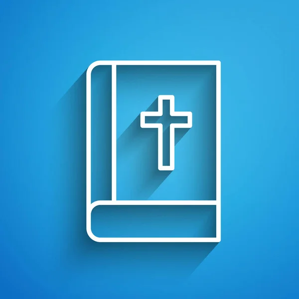 白い線青い背景に孤立した聖書の本のアイコン 長い影だ ベクトル — ストックベクタ