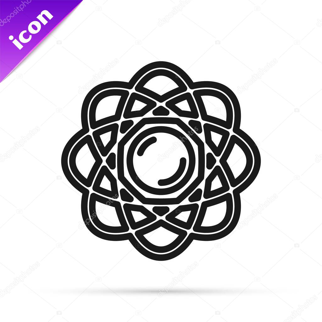 Black line Atom icon isolated on white background. Symbol of science, education, nuclear physics, scientific research.  Vector