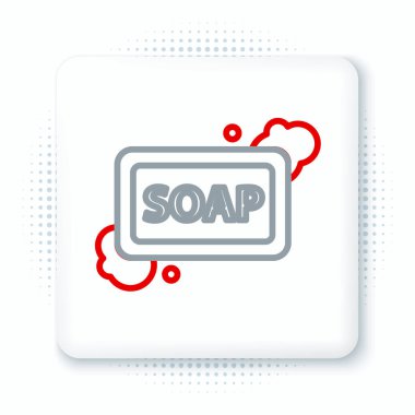 Beyaz zemin üzerinde köpük simgesi olan çizgi sabun çubuğu. Köpüklü sabun çubuğu. Renkli taslak konsepti. Vektör.