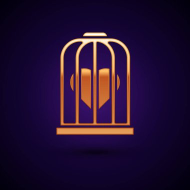 Kuş kafesi ikonundaki altın kalp koyu mavi arka planda izole edilmiş. Aşk işareti. Sevgililer Günü sembolü. Vektör İllüstrasyonu.