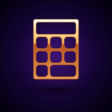Siyah arkaplanda altın hesap makinesi simgesi izole edildi. Muhasebe sembolü. İş hesaplamaları matematik eğitimi ve finans. Vektör İllüstrasyonu.