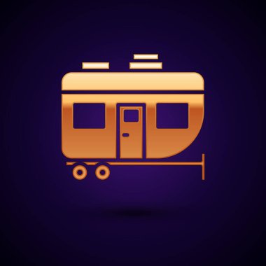 Altın Karavan Kamp ikonu siyah arka planda izole edildi. Gezici ev, karavan, yolculuk için ev karavanı. Vektör İllüstrasyonu.