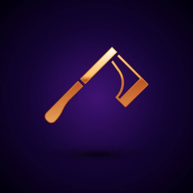 Siyah arka planda izole edilmiş altın ahşap balta ikonu. Oduncu baltası. Vektör İllüstrasyonu.