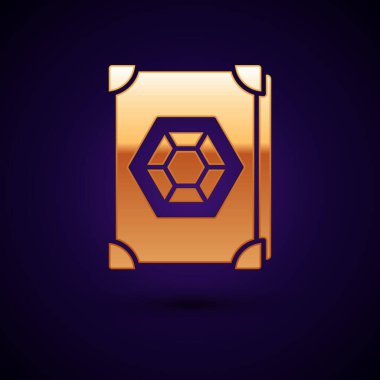 Simya tarifleri, mistik büyüler ve kara arka planda izole edilmiş büyü simgeleriyle altın Kadim büyü kitabı. Vektör İllüstrasyonu.