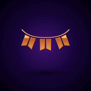 Siyah arka planda izole edilmiş bayrak ikonlu Altın Karnaval çelengi. Doğum günü kutlaması için parti flamaları, festival dekorasyonu. Vektör İllüstrasyonu.