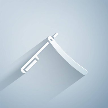 Kağıt kesiği, gri arkaplanda izole edilmiş jilet simgesi. Berber dükkanı sembolü. Kağıt sanatı tarzı. Vektör İllüstrasyonu.