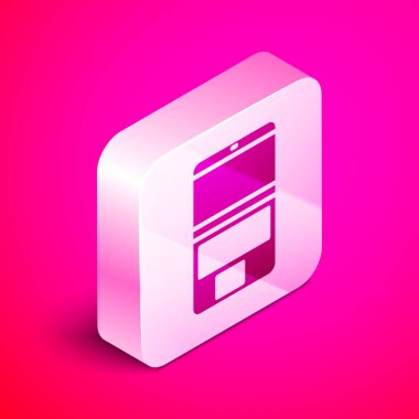 Pembe arka planda izole edilmiş Isome dizüstü bilgisayar simgesi. Boş ekran işaretli bilgisayar defteri. Gümüş kare düğme. Vektör İllüstrasyonu.