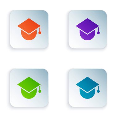 Beyaz arkaplanda izole edilmiş dünya ikonundaki renk derecelendirme başlığı. Dünya eğitim sembolü. Çevrimiçi öğrenme ya da e-öğrenme kavramı. Kare düğmelere renkli simgeleri yerleştir. Vektör İllüstrasyonu.