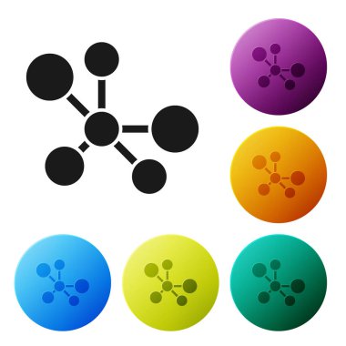 Beyaz arkaplanda siyah molekül simgesi izole edildi. Kimya moleküllerinin yapısı, fen öğretmenlerinin yenilikçi eğitim posteri. Simgeleri renk daire düğmelerine ayarla. Vektör.