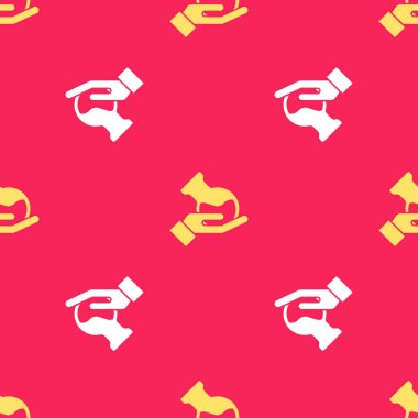 Sarı test tüpü ve el ikonundaki matara kırmızı arkaplanda izole edilmiş pürüzsüz desen. Kimyasal laboratuvar testi. Laboratuvar camları. Vektör.