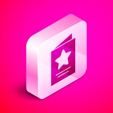Pembe arka planda izole edilmiş Isometric tebrik kartı simgesi. Kutlama için davetiye ya da tebrik kartı şablonu. Gümüş kare düğme. Vektör.