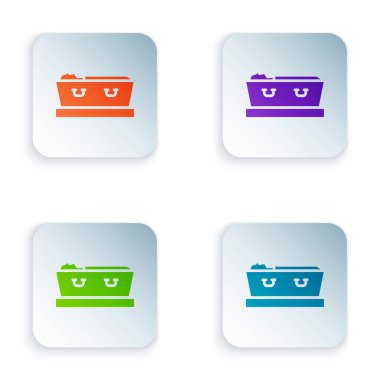 Beyaz arka planda izole edilmiş ölü beden simgesi olan açık renkli tabut. Ölümden sonra cenaze. Cenaze için açık bir cenaze arabasında ceset. Kare düğmelere renkli simgeleri yerleştir. Vektör.