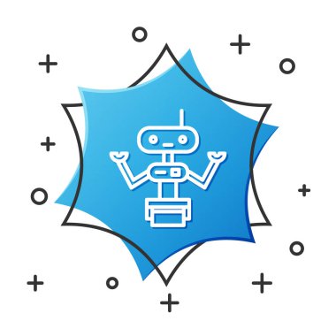 Beyaz çizgi robot simgesi beyaz arkaplanda izole edildi. Mavi altıgen düğmesi. Vektör İllüstrasyonu.