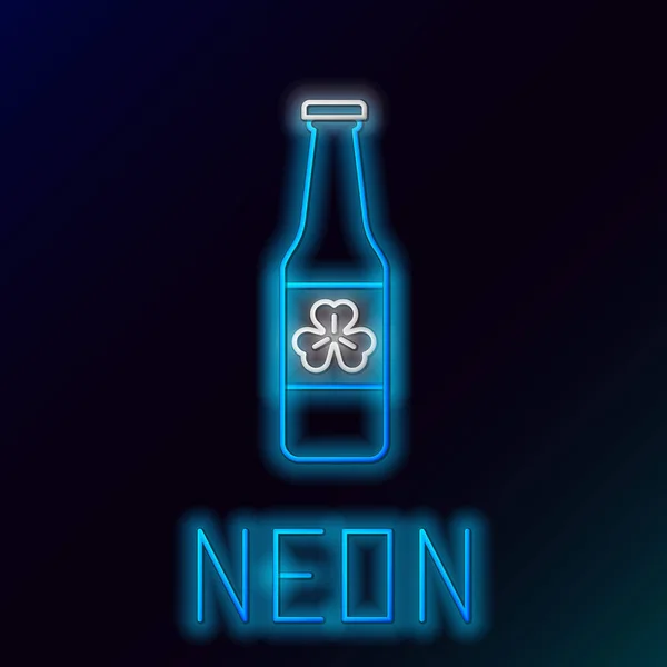 Glowing Neon Line Botol Beer Dengan Empat Daun Semanggi Ikon - Stok Vektor