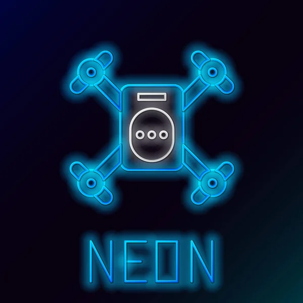 Ragyogó Neon Vonal Drone Repülő Akció Videokamera Ikon Elszigetelt Fekete — Stock Vector